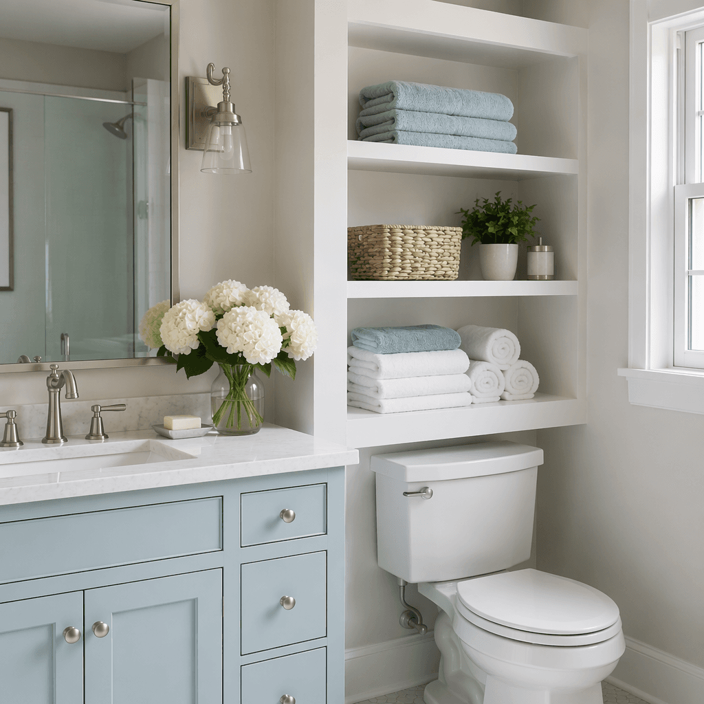 A calm, well-organized bathroom corner