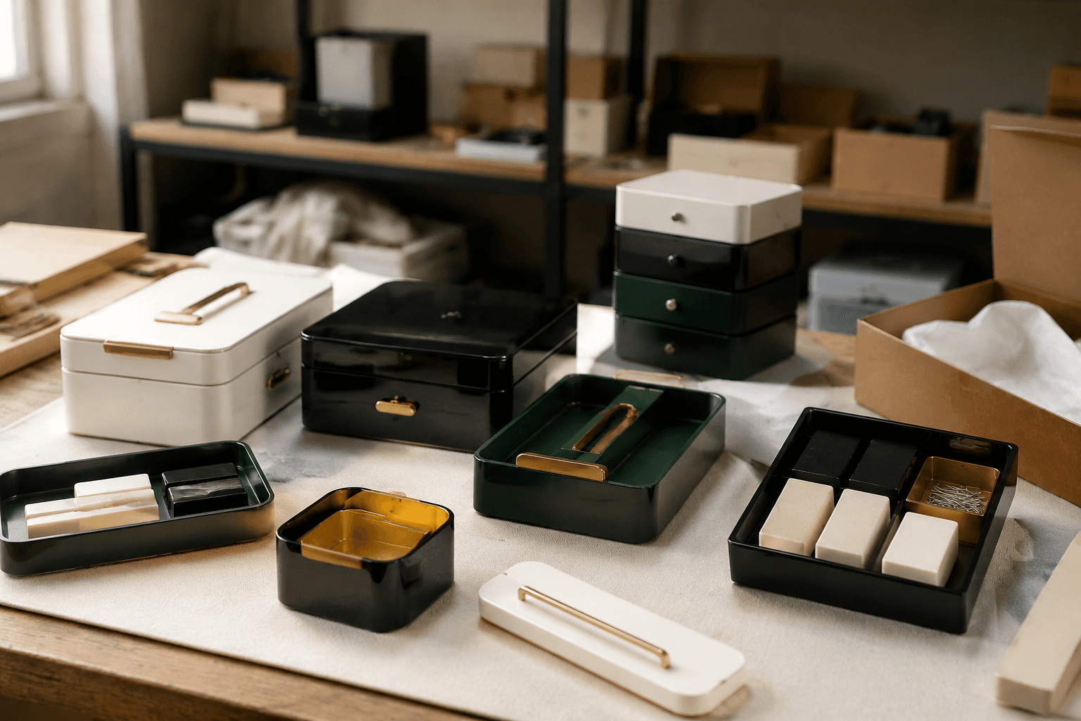 A workshop bench where practice-room storage is inspected and packed
