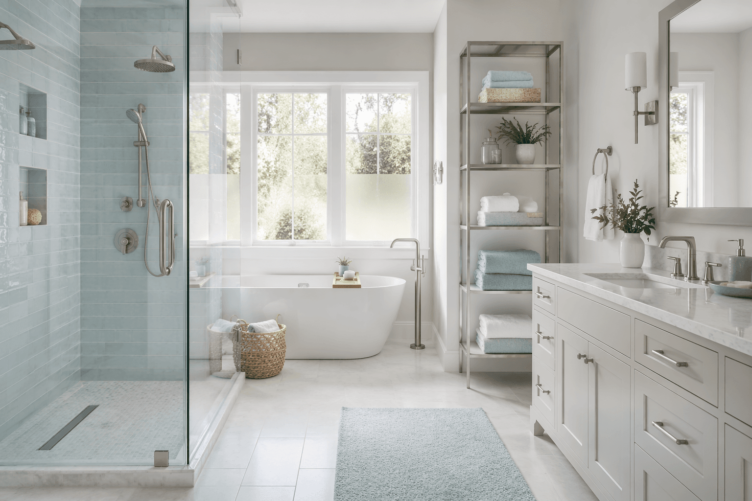 A calm, organized bathroom with a glass shower, brushed nickel shelving and folded towels
