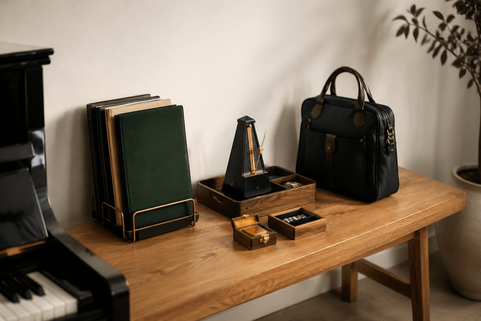 An organised wooden practice room with folders, a metronome tray and a stand bag