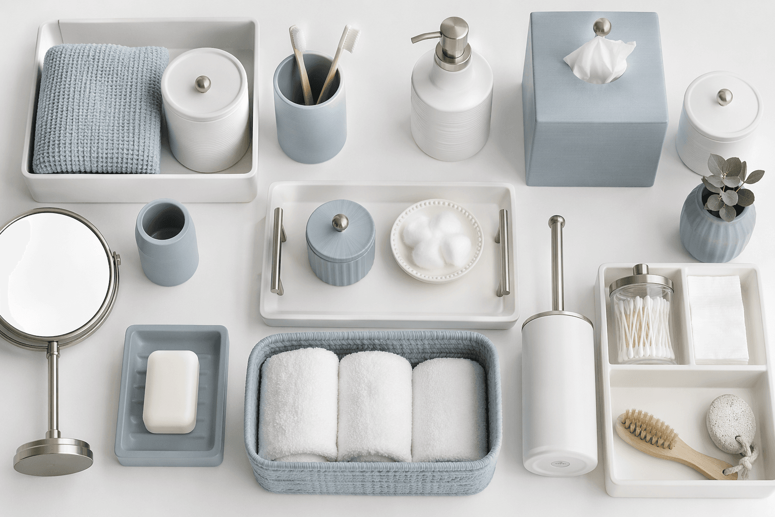 Bathroom organization pieces arranged together